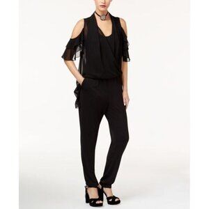 KOBI Women Jumpsuit Cold Shoulder Wrap Front Chiffon Ruffles Sz M Black 80-6
